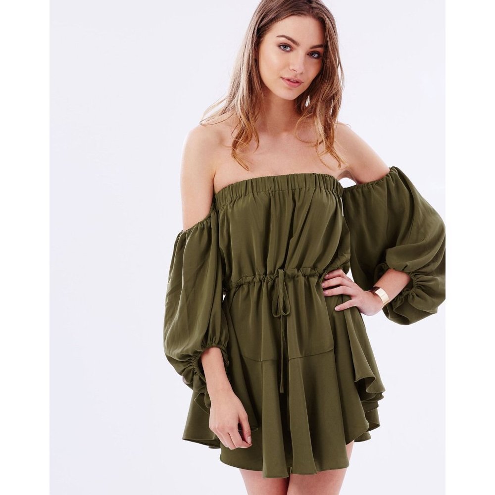 Shona Joy Womens Olive Green Leticia Off Shoulder Mini Dress Size 2 Satin